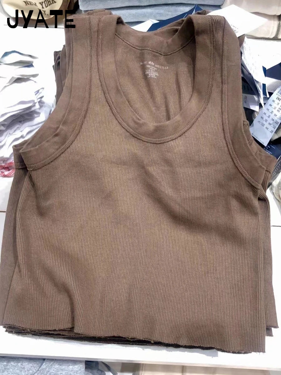 Simple Ribbed U-neck Crop Tops Women New Cotton Casual Slim Preppy Style Sleeveless Cropped Vest Vintage Basic Chic Tank Top Y2K