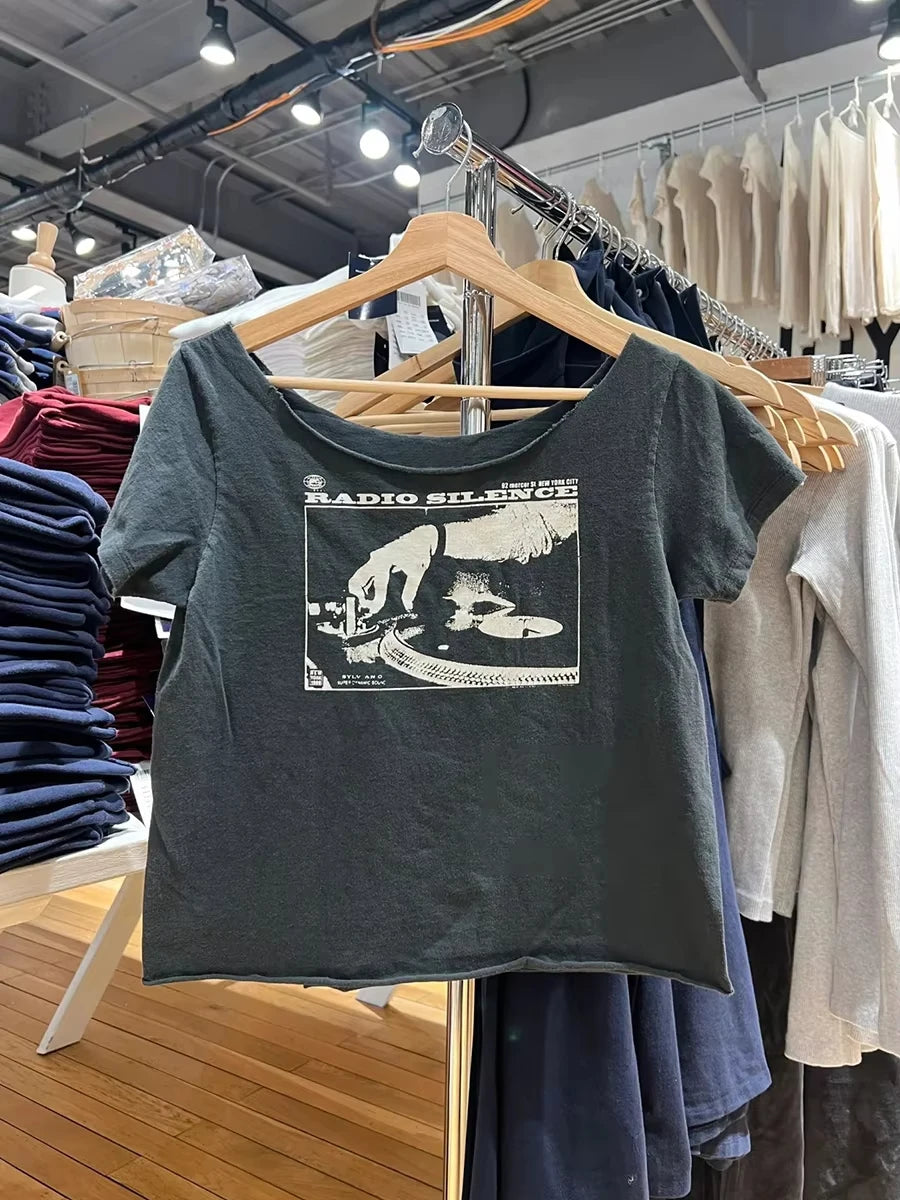 Letter Print Slash Neck T-shirts Women Summer New Black Raw Hem Cotton Short Sleeve Tees Vintage Cute Harajuku Tshirt Y2K Tops