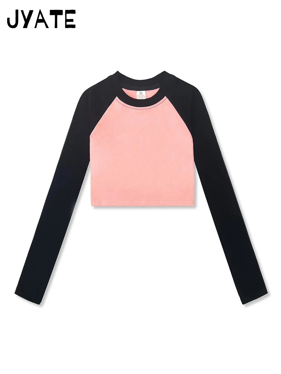 Fashion Ribbed Patchwork Long Sleeve Tees Women New Casual Streetwear Basic Pullover Crop Tops Vintage Preppy Style T-shirts Y2K