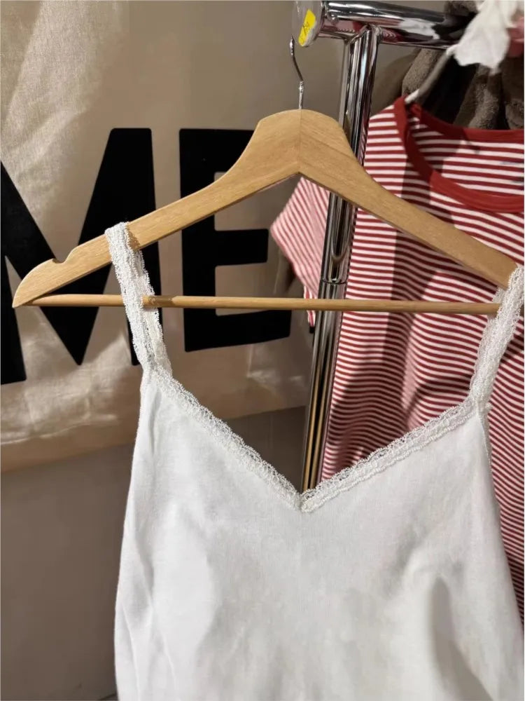White Lace Trim Slim Tank Top for Woman Summer V-neck Cotton Crop Tops Female Casual Sweet All-match Preppy Style Camisole y2k