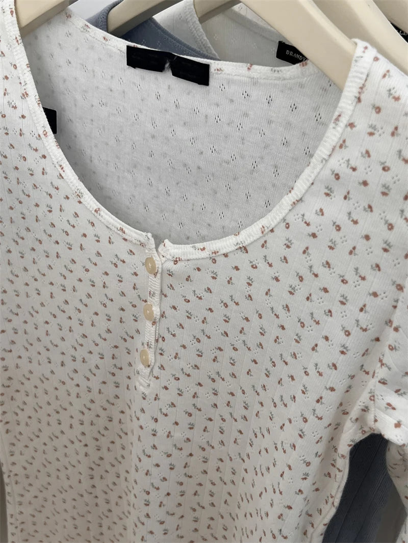 White Hollow Out T-shirts Women Cotton Soft Slim Raw Trim Crew Neck Long Sleeve Tops Clean Girl Vintage Cute Sweet Tees Clothes