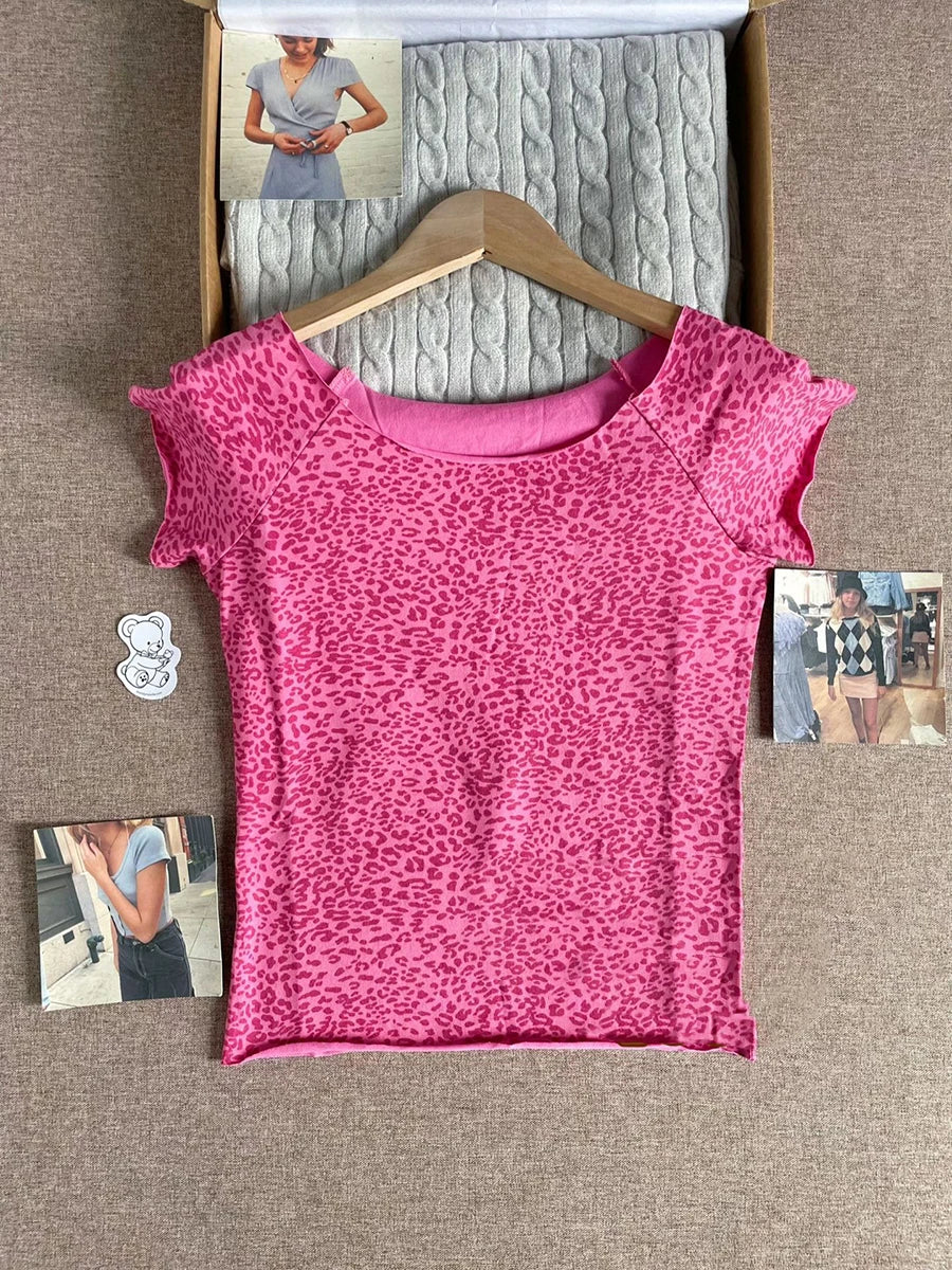 Leopard Print Collection T-shirts Women Summer Cotton Slim Small Flying Sleeves Vests Female American Vintage Sweet Tops Y2K