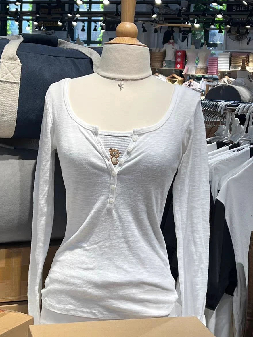 Slub Cotton White Long Sleeve T-shirt Woman Six Buttons Round Neck Slim Tee Tops Female Casual Simple All-match Basic Tshirts