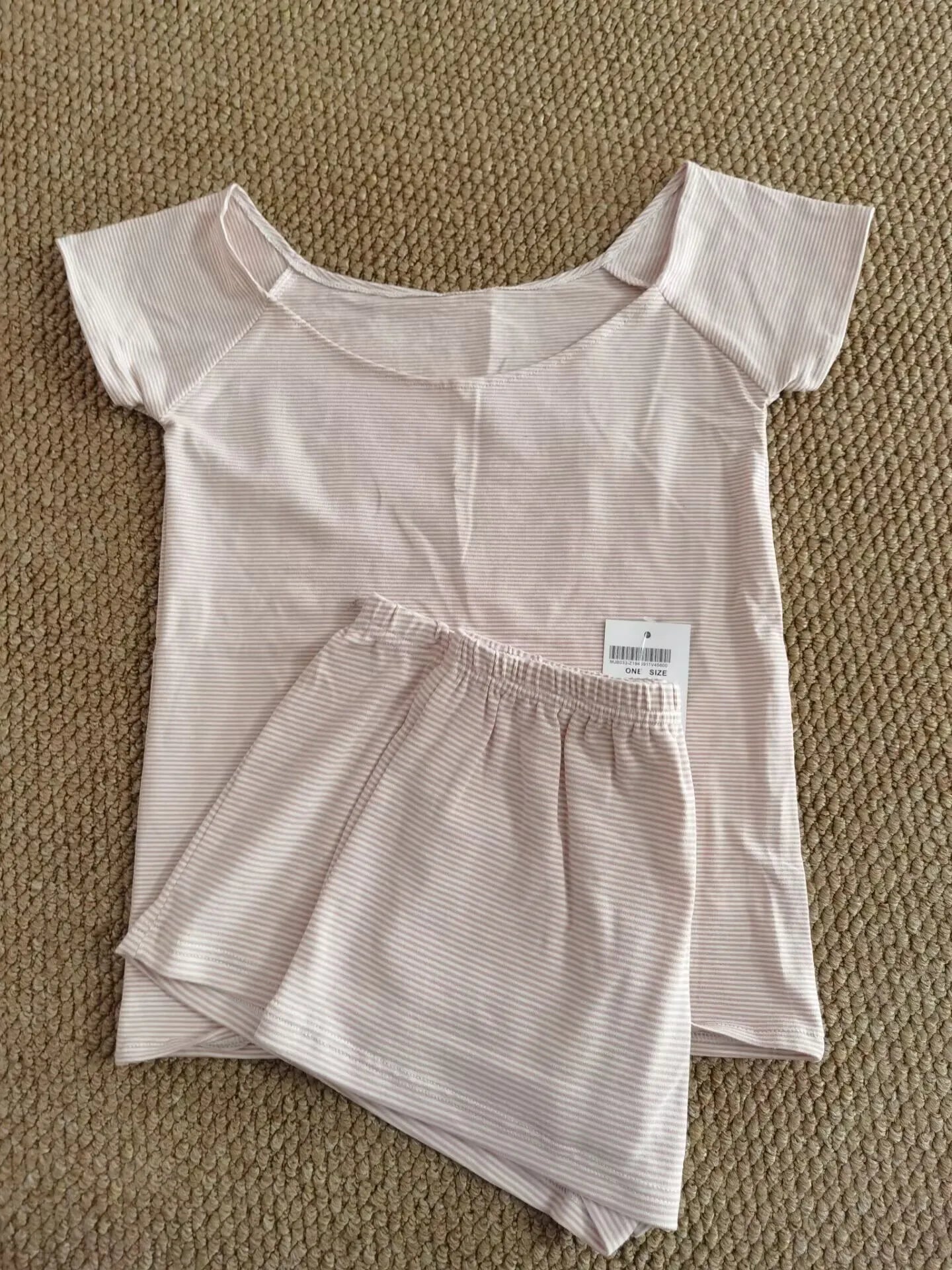Cute Pink Striped Two Piece Set Women Cotton Slim O-neck T-Shirt With Straight Short Pant Sweet Pajama Tees Shorts 2 Pieces Sets