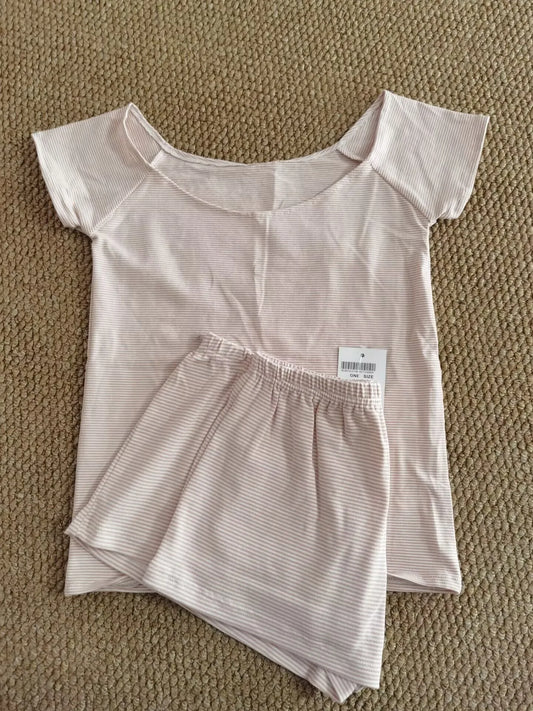 Sweet Pink Striped T-shirt Shorts Set Woman Slash Neck Slim Crop Top+Elastic Waist Straight Sweatshorts Cotton 2 Piece Sets New