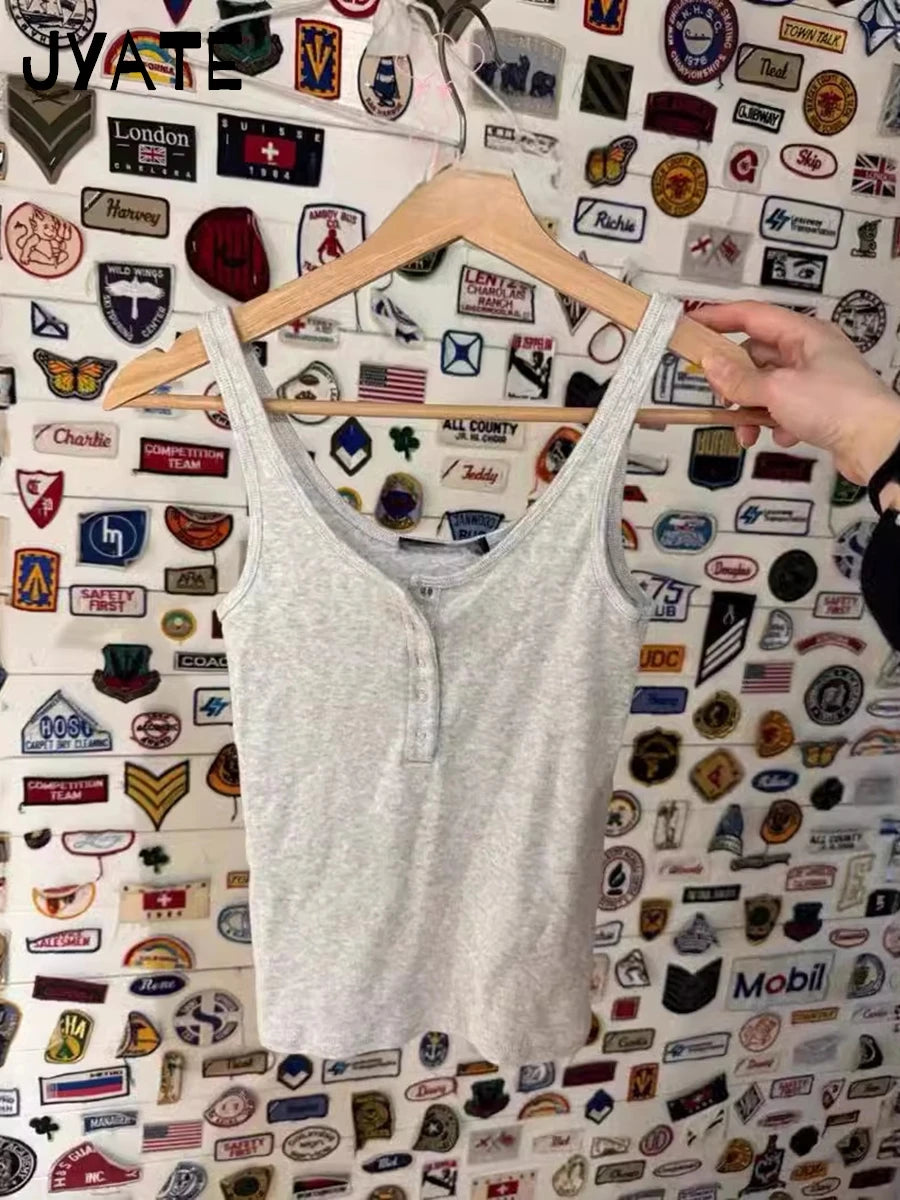 Simple Basic Gray Five Buttons Tank Tops Women Summer New Slim Casual Cotton Crew Neck Vests Retro Harajuku Chic Y2K Camisole