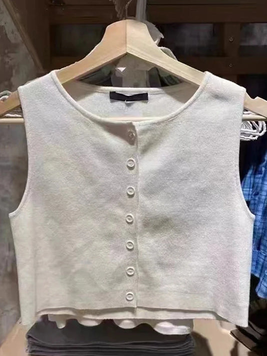 Sweet White Cotton Single Breasted Tank Tops Women Casual Simple O-neck Knit Vests Clothes Female Vintage Slim Chic Crop Top Y2K
