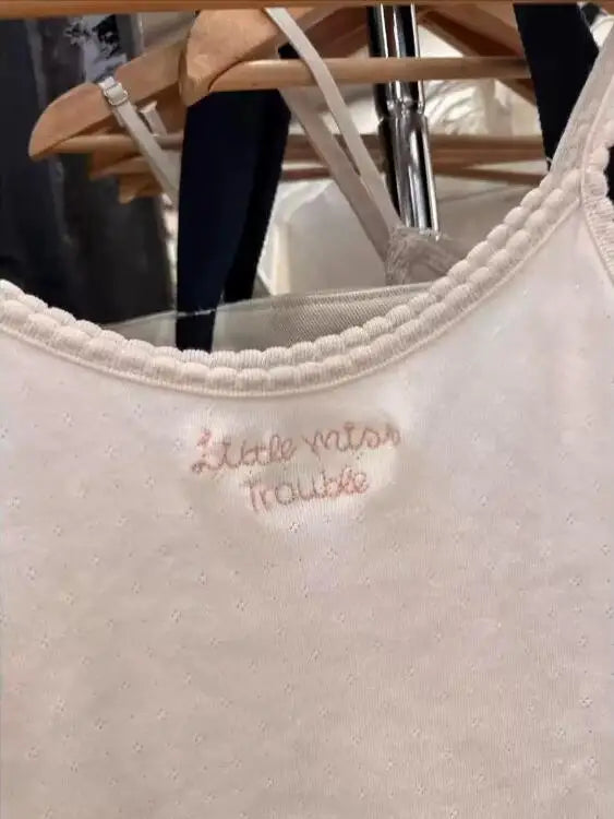 Letter Embroidery Eyelet Camisole Women New Cotton Soft Lace Trim Casual Slim Sleeveless Cropped Vests Sweet Cute Tank Tops Y2K