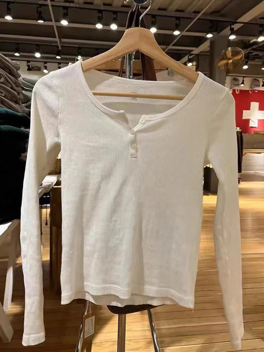 Sweet Solid Button Ribbed T-shirts Women Autumn Cotton Soft Elegant Long Sleeve Tees Female Chic Streetwear Basic Tops Clothes