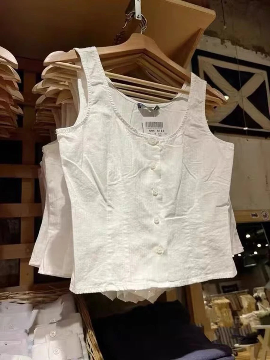 Blue Striped Lace Trim Buttons Tank Top Women Summer New Street Scoop neck Cotton Slim Camis Vintage Cute Sweet Crop Tops Y2K