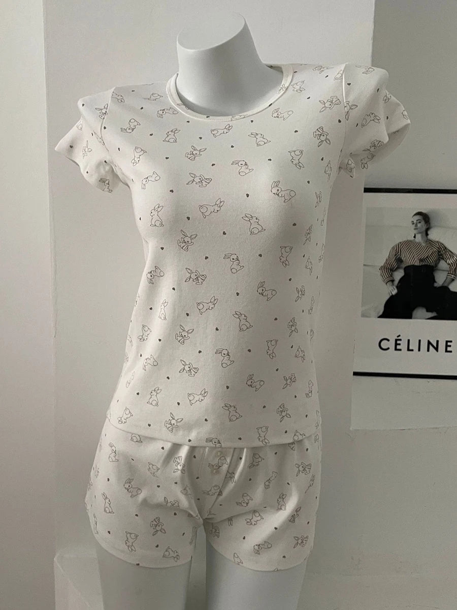 Eyelet Floral Print T-shirt Shorts Outfit Women Cotton O-neck Slim Tees +Buttons Straight Sweatshort Sweet Home 2 Pieces Set New