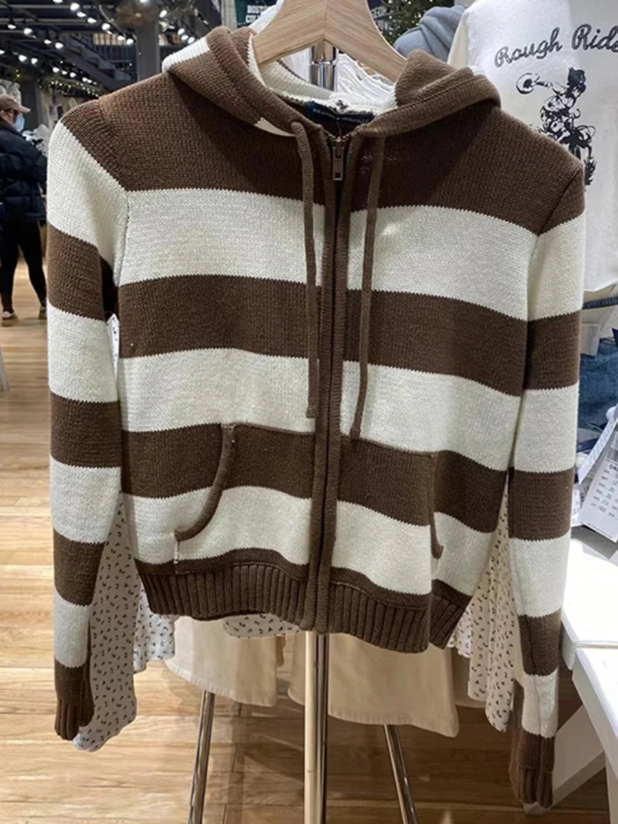 Fashion Striped Pockets Knitted Hooded Sweater Women Autumn Cotton Retro Crop Pullover Tops Vintage Chic Sweet Cardigan Jumper