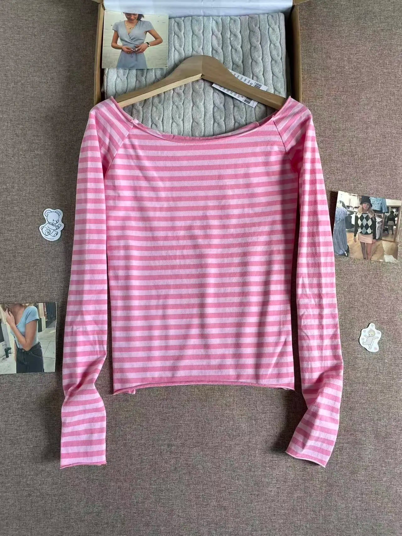 Pink Striped Slash Neck Short Sets Women Cute Cotton Slim Long Sleeve Tee+Buttons Shorts 2 Piece Sets Sweet Chic Two Piece Set