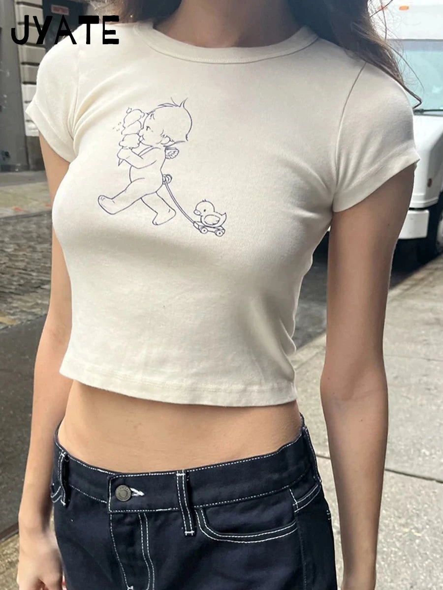 Cute Cartoon Angel Print Slim T-shirts Women Summer O-neck Cotton Harajuku Streetwear Short Sleeve Tees Sweet Chic Y2K Crop Tops