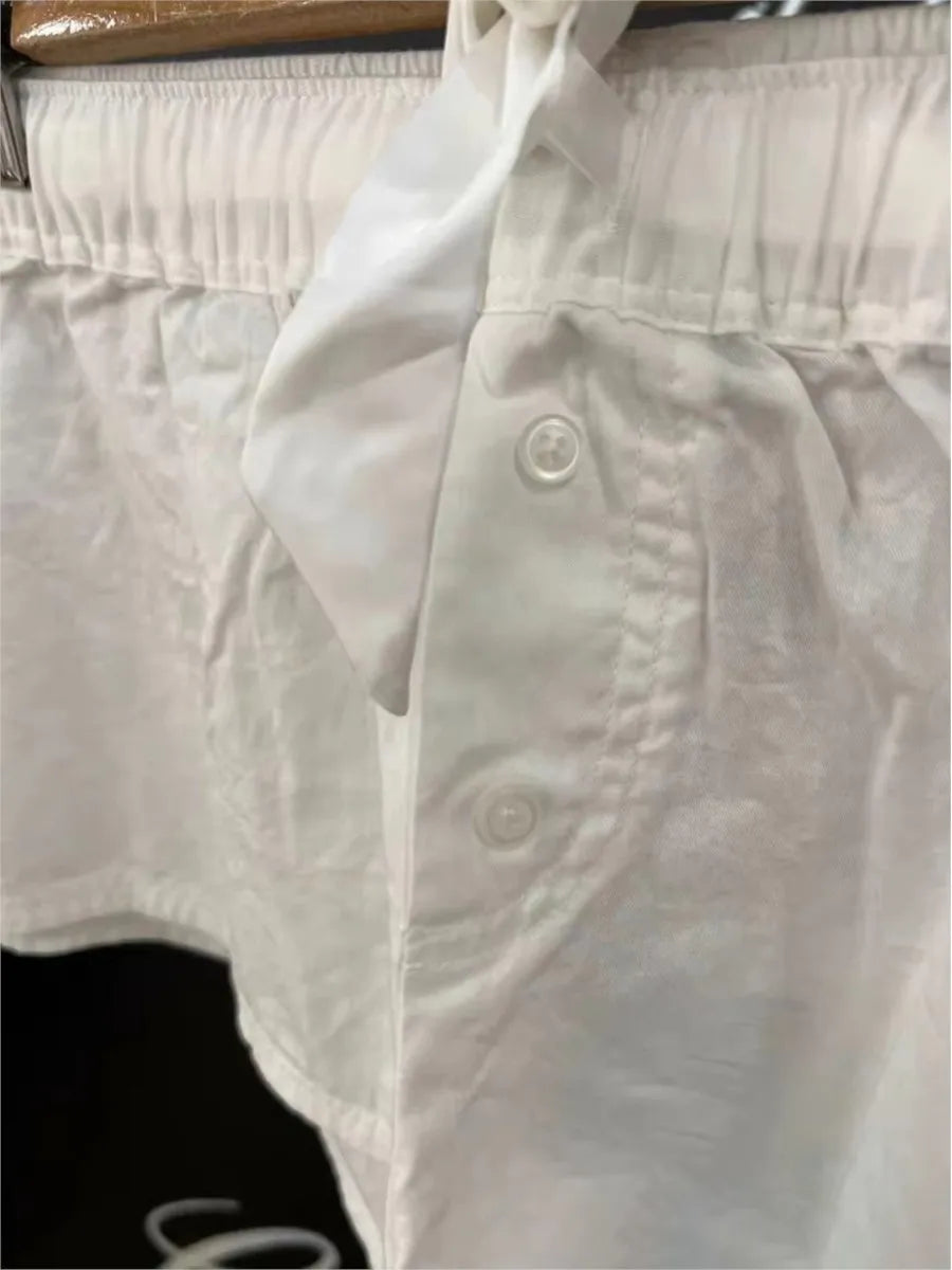 Simple White Straight Shorts Women Casual Drawstring Bow Elastic Waist Button Cotton Sweatshorts Home Underwear Sweet Short Pant