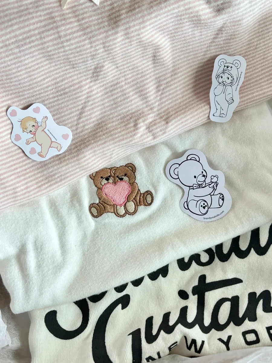 Fashion Heart Bear Embroidery Crop Tops Women 2024 New Cotton Casual Streetwear Short Sleeve Tee Vintage Sweet Cute T-shirts Y2K