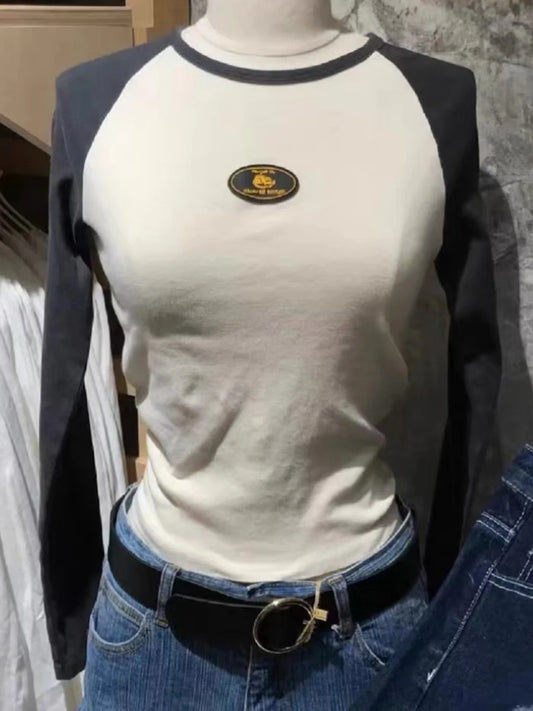 Patchwork Slim Long Sleeve Tops Women Casual Simple Cotton Letter Print Streetwear Tee Female Fashion Vintage Chic Y2K T-shirts