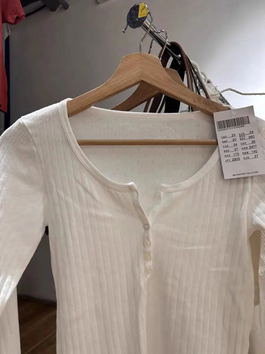 Six Button Eyelet White Long Sleeve Tees Women Y2K Cotton Casual Slim Single Breasted Smock Tops Sweet Simple Basic T-shirts New
