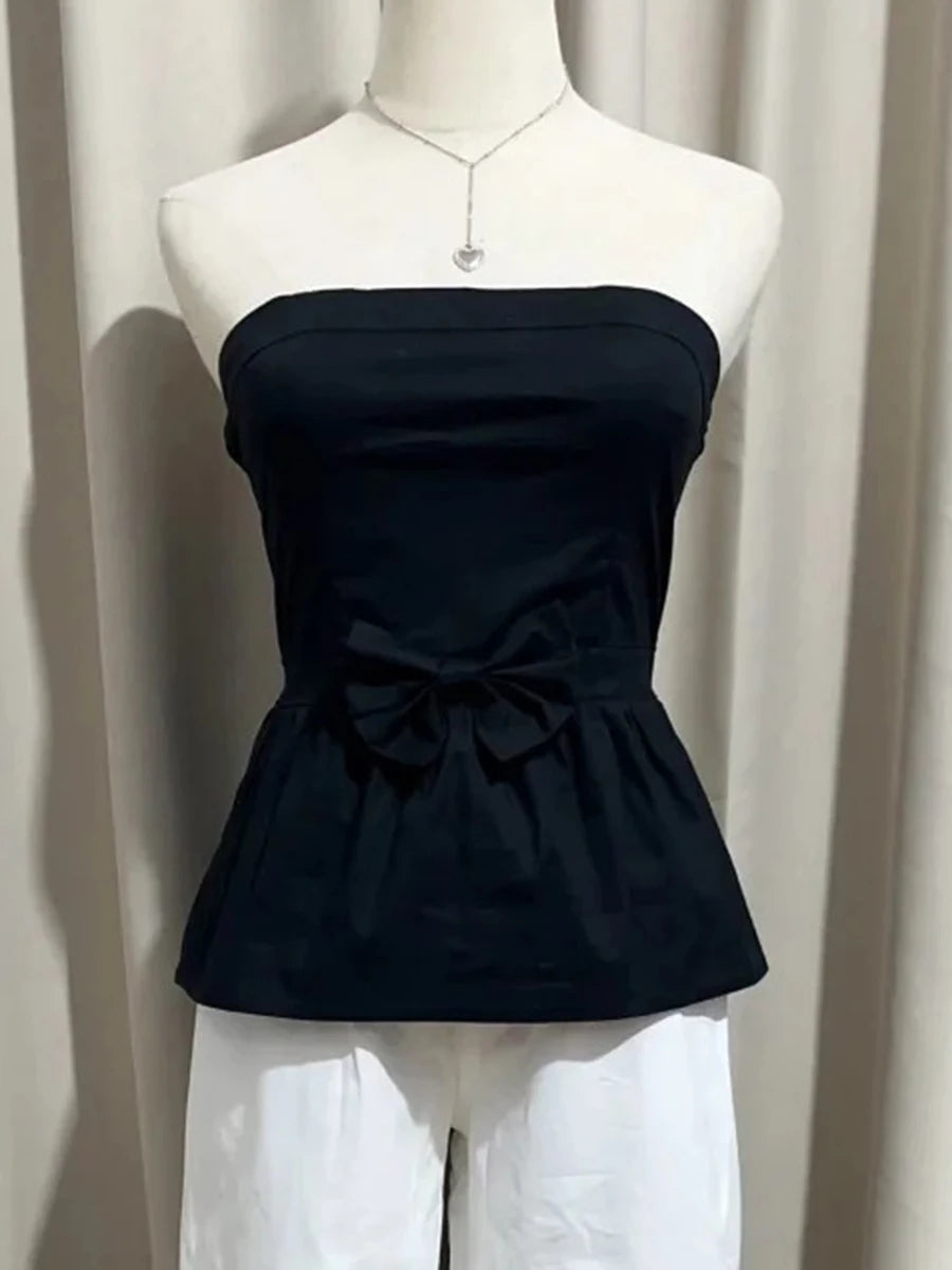 Bow Blue Striped Tube Top Women New Cute Strapless Cotton Sleeveless Vest Summer Preppy Style Sweet Casual Crop Tank Tops