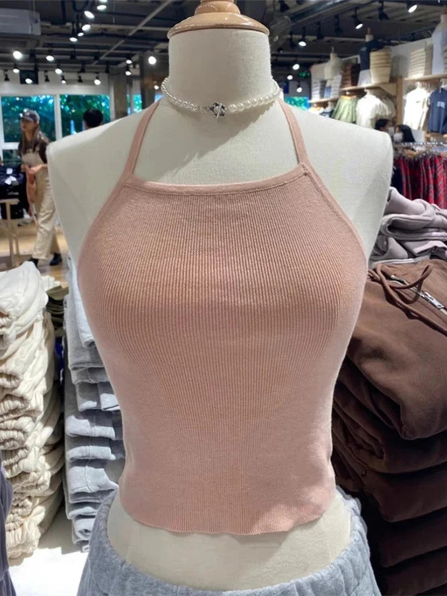 Fashion Solid Knitted Slim Camis Women New Cotton Sexy Backless Lace-up Simple Basic Crop Tops Sweet Cute Vintage Y2K Tank Tops