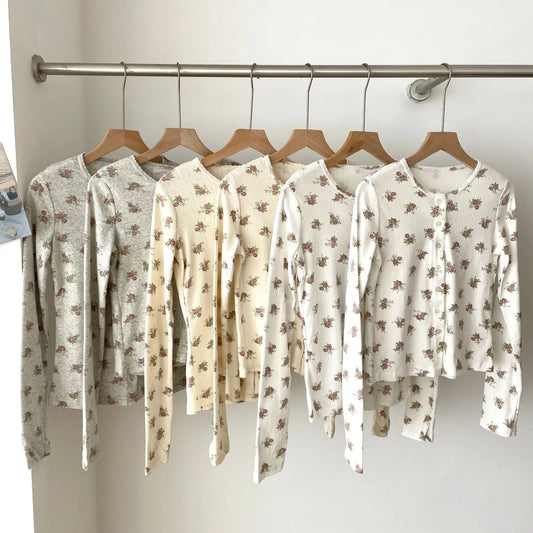 Floral Print Button T-shirts Women Casual Simple Basic Cotton Eyelet Slim Long Sleeve Cardigan Tees Sweet Streetwear Tshirts New