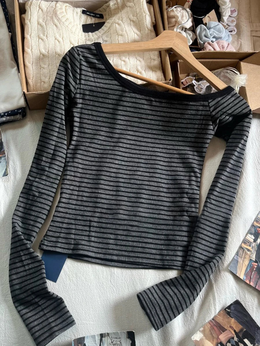 Vintage Striped Irregular Neck Long Sleeve T-shirt Women Autumn Cotton Slim Tee Shirts Female Sweet Streetwear Y2K Tshirt Tops