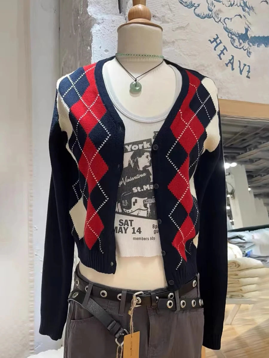 Vintage Plaid Knitted V-neck Cardigan Women New Cotton Slim Gray Streetwear Patchwork Sweater Coat Harajuku Chic Y2K Jumper Tops