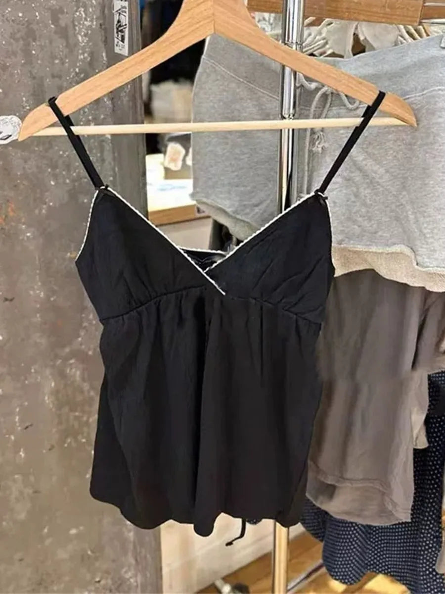 Black Lace Trim Bow Tank Tops Women Summer Casual Streetwear Sleeveless V-neck Sexy Vests Vintage Sweet Preppy Style Camis OOTDS