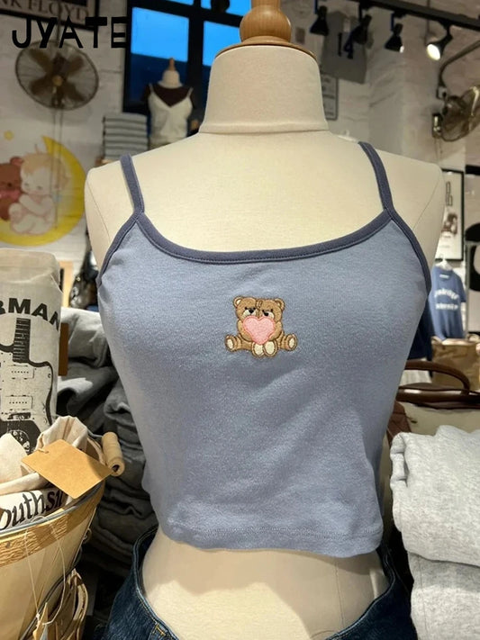 Little Bear Embroidery Blue Patchwork Camisole Women New Preppy Style Casual Slim Sleeveless Vests Vintage Sweet Cute Tank Tops