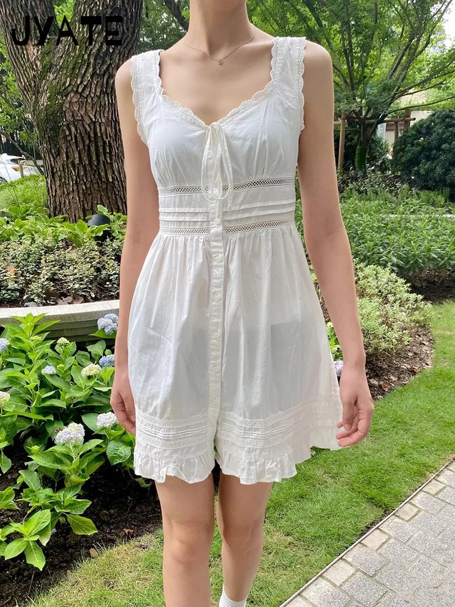 Chic Lace Trim White Mini Dress Women Summer Round Neck Lace-up Sleeveless A-line Short Vestidos Sweet Preppy Style Dresses Y2K