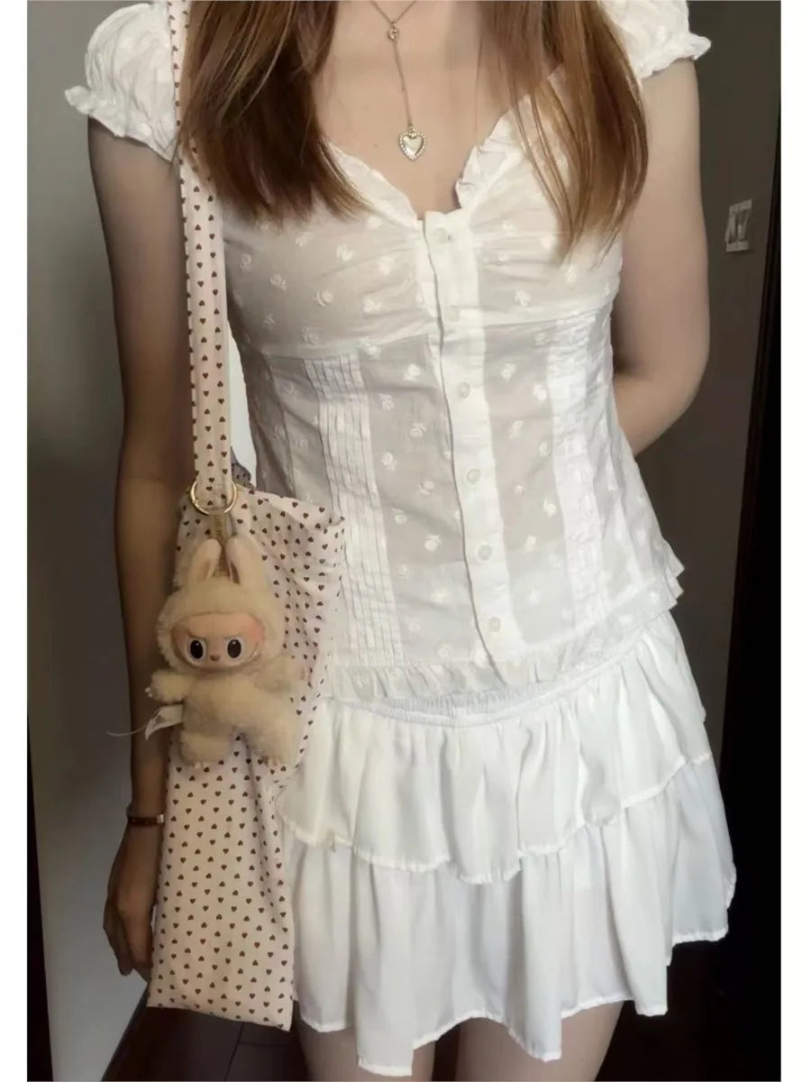Floral Embroidery Folds Blouse Top Women Summer Single Breasted Ruffle Sleeveless Tank Tops Vest Sweet Cute American Camis New