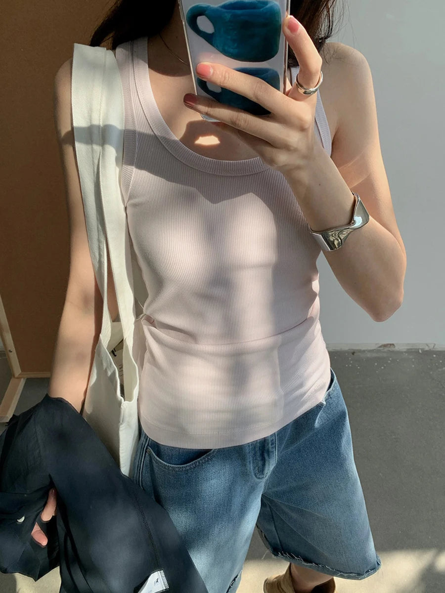 Solid U-neck Slim Sleeve Tank Tops Women Summer Casual Simple Ribbed Cotton Vests Girl Sweet Basic Y2K Preppy Style Camisole New