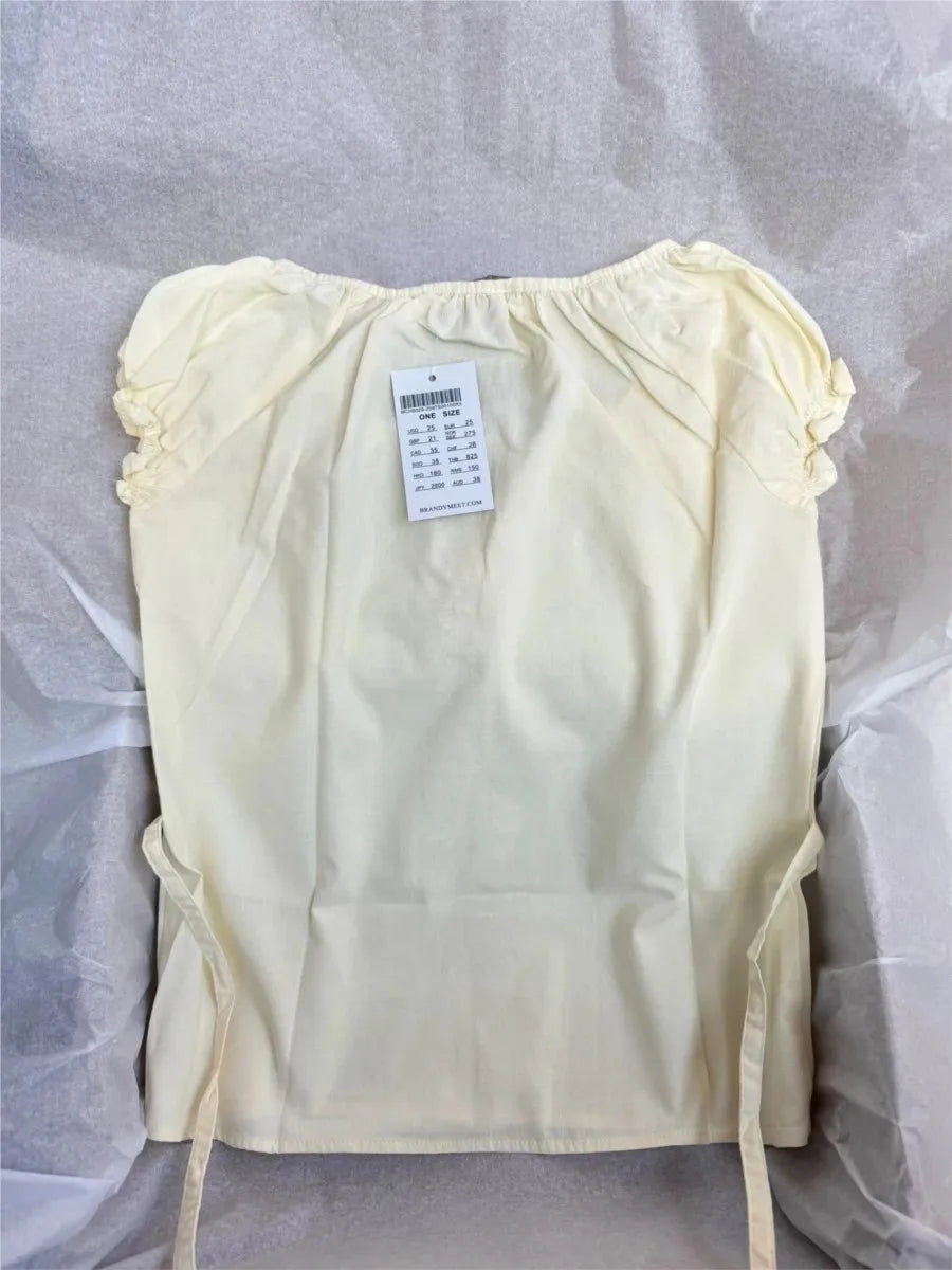 Yellow  Lace-up Ruffles Sleeve Tees Women Summer Simple Casual Flax Cotton U-neck Buttons Tops Sweet Cute Preppy Style T-shirts