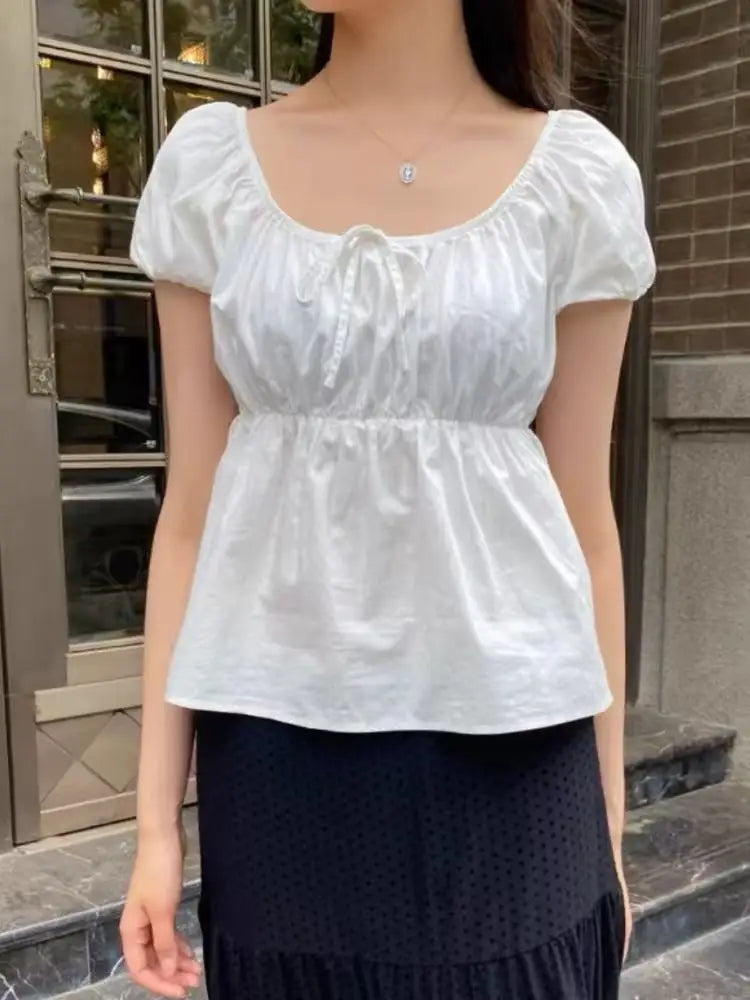 New Lace Trim Strap Cotton Short Sleeve Tees Female Casual Simple Sexy White Crew Neck Tops Clothes Sweet Cute Chic T-shirts Y2K