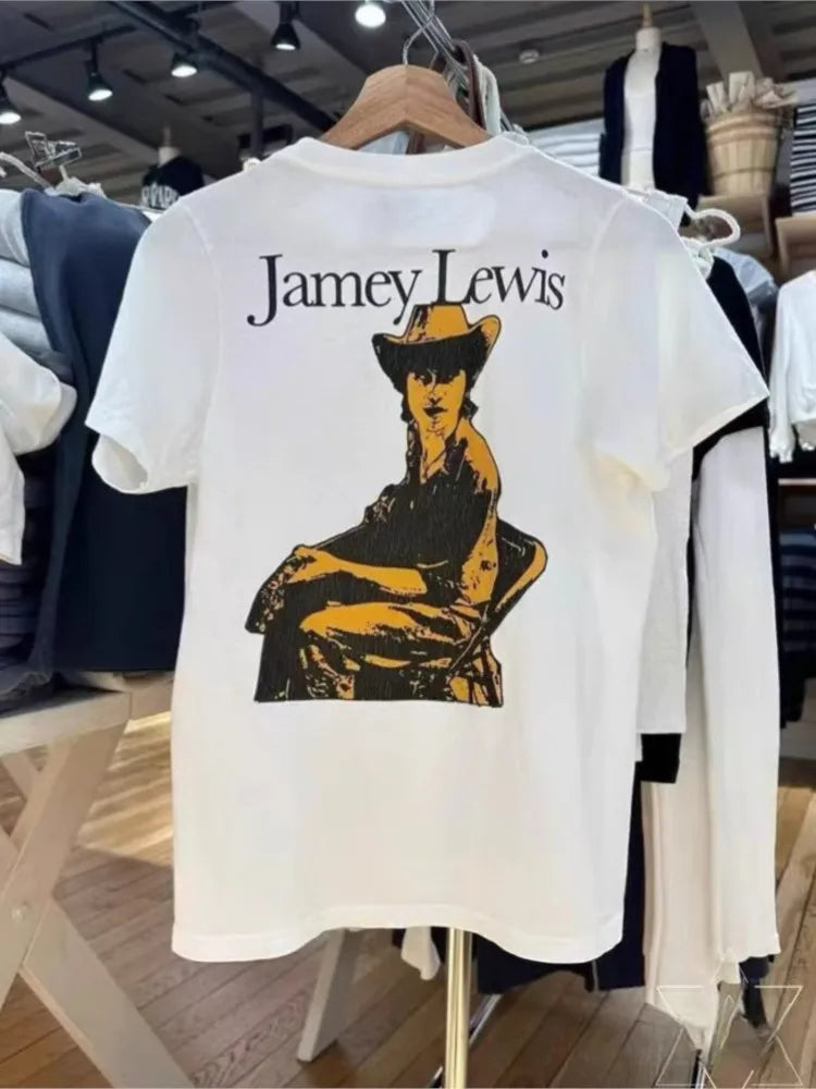 Retro American Cowboy Print T-shirts Women Summer New Streetwear Casual Cotton Short Sleeve Tees Vintage Chic Preppy Style Tops