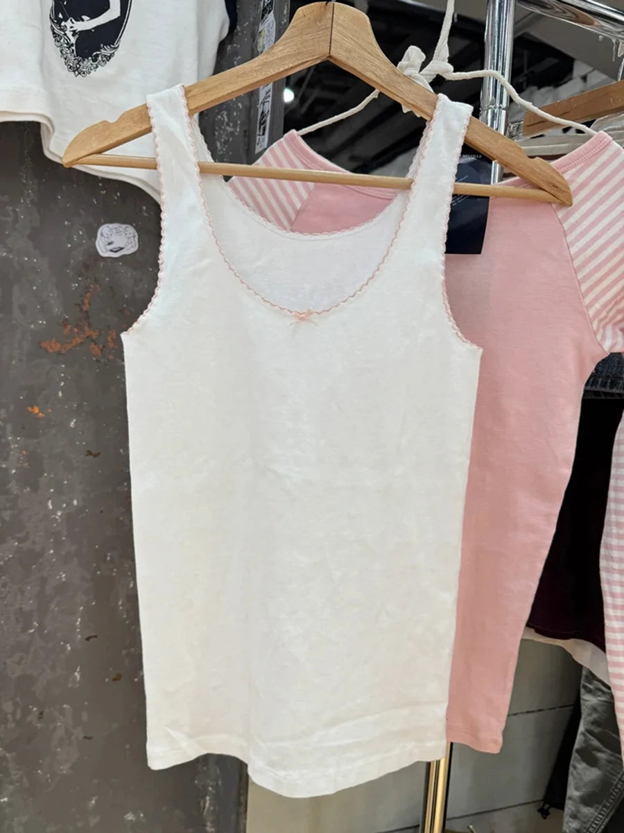 White Lace Trim Slim Tank Tops Women New Casual Cotton Soft Pink BowU-neck Sleeveless Vests Sweet Cute Preppy Style Camisole