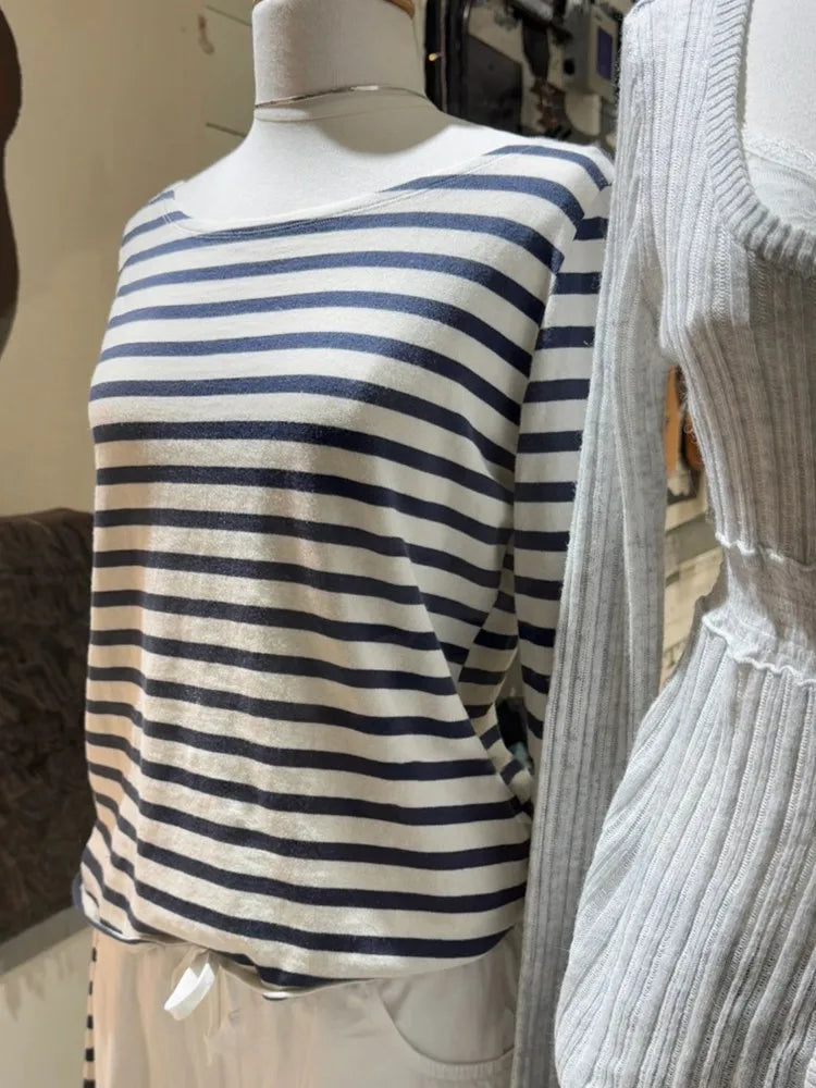 American Navy Striped Long Sleeve T-shirt Women Spring Scoop Neck Slim Cotton Tee Shirts Vintage Streetwear Sweatshirt Y2k Tops