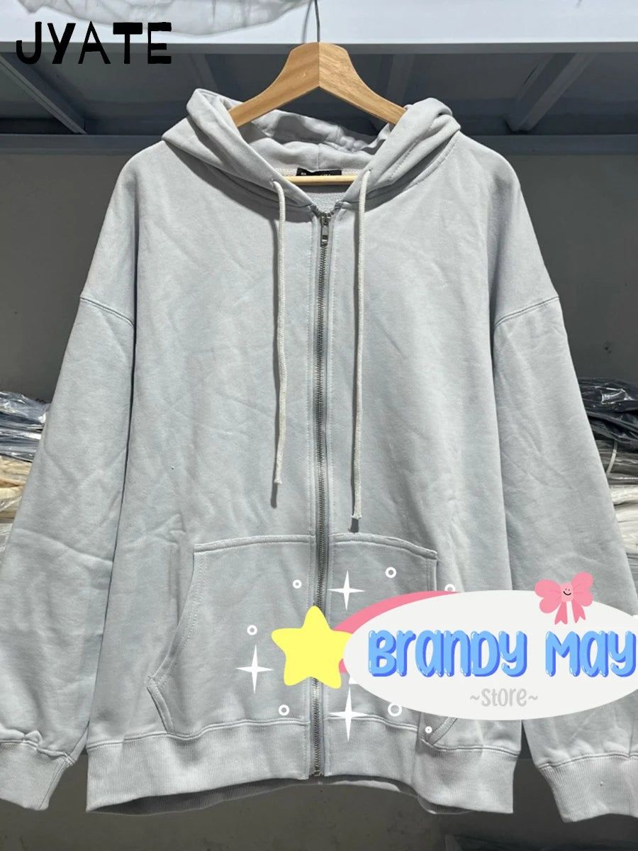 Simple Blue Cotton Oversized Hoodies Coat Women Autumn Casual Pocket Drawstring Zip-up Pullover Sweet Chic Vintage Sweatshirts