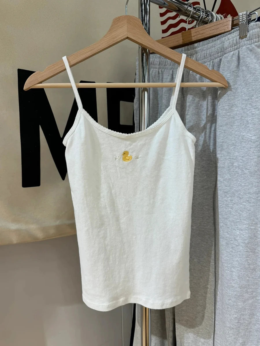 Lace Trim Red Floral Embroidery Crop Top Women White Cotton Slim Sleeveless Camisole Sweet Girls Cute Tank Tops Y2K Clothes New