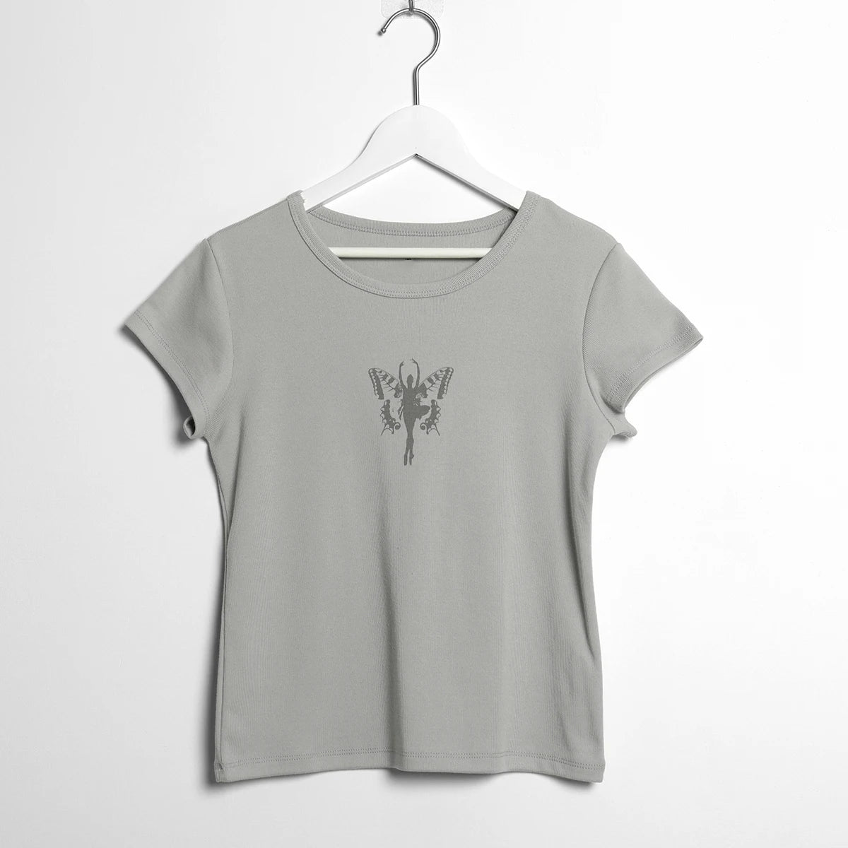 Gray Butterfly Print Slim T-shirt Women Streetwear Chic Cotton O-neck Short Sleeve Tee Shirts Casual Cute Preppy Style Y2K Tops