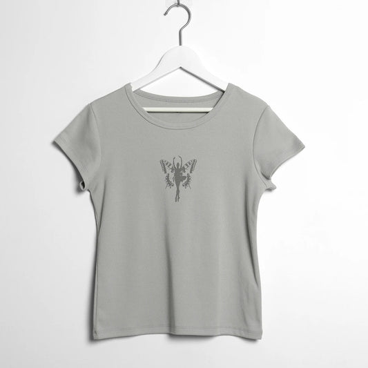 Gray Butterfly Print Slim T-shirt Women Streetwear Chic Cotton O-neck Short Sleeve Tee Shirts Casual Cute Preppy Style Y2K Tops