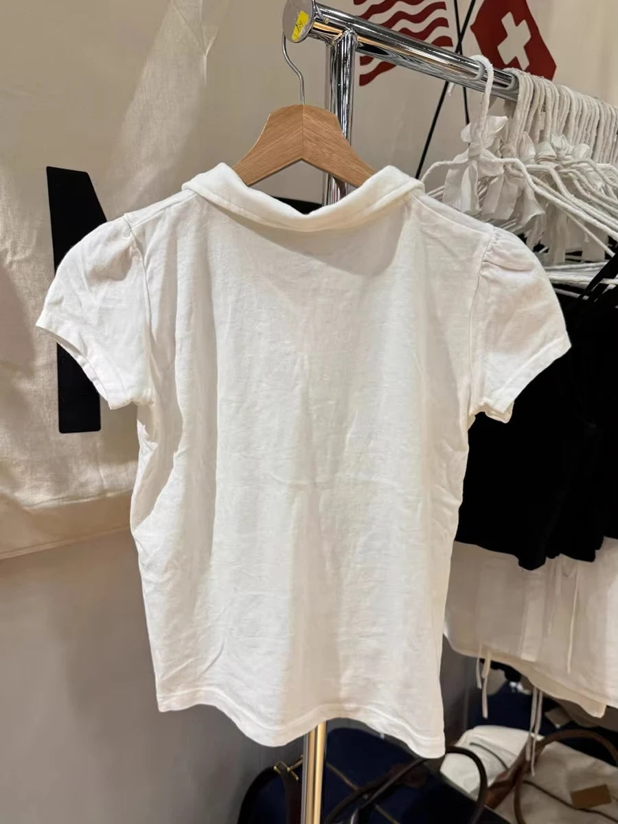 Cute White Polo T-shirt Women Summer New Strweetwear Cotton Turn Down Collar Short Sleeve Tees Sweet Preppy Style T Shirt Spring