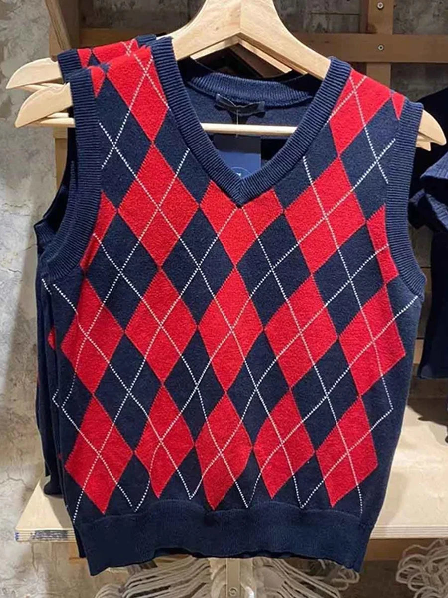 Argyle V-neck Knitted Vests Women Autumn Cotton Soft Casual Sleeveless Pullover Tank Tops Vintage Streetwear Chic Slim Sweaters