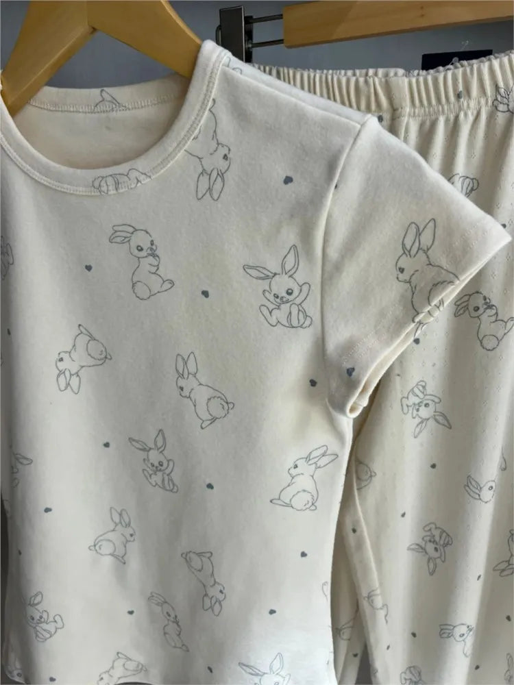 Rabbit Print T-shirts+Eyelet Long Pant Women Summer New Cute Cotton Casual Pajama 2 Piece Set Sweet Vintage Trouser Two Sets Y2K
