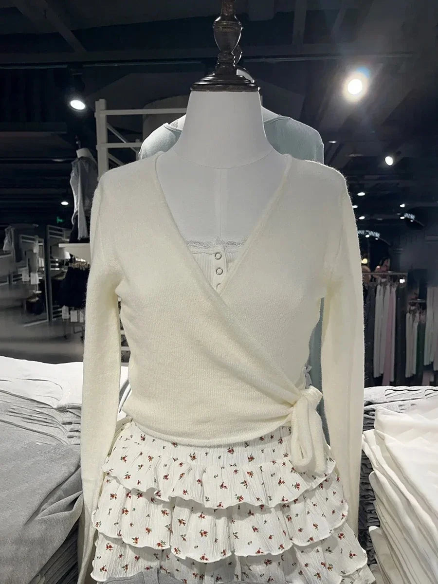 Pink Sweet Lace-up Knitted Mohair Sweater Cardigan Women Autumn V-neck Long Sleeve Cute Sweaters Preppy Style Knitwear Crop Tops