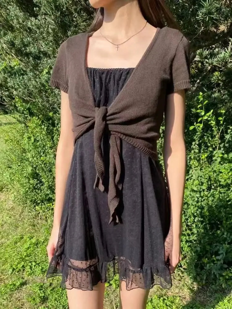 Wrap Knitwear Woman Cotton Lace-up Cropped Smock Brown Casual Simple Solid Sweet Short Sleeve Cardigan Sweet All-match Crop Tops