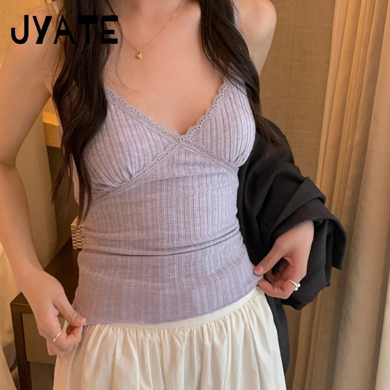 Sweet Solid Lace Trim V-neck Tank Tops Women New Summer Cotton Chic Slim Cropped Sleeveless Vests Vintage Basic Cute Camis Y2K