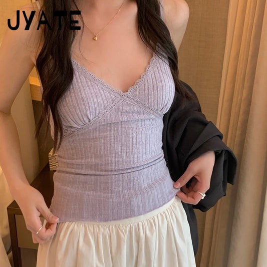 Sweet Solid Lace Trim V-neck Tank Tops Women New Summer Cotton Chic Slim Cropped Sleeveless Vests Vintage Basic Cute Camis Y2K