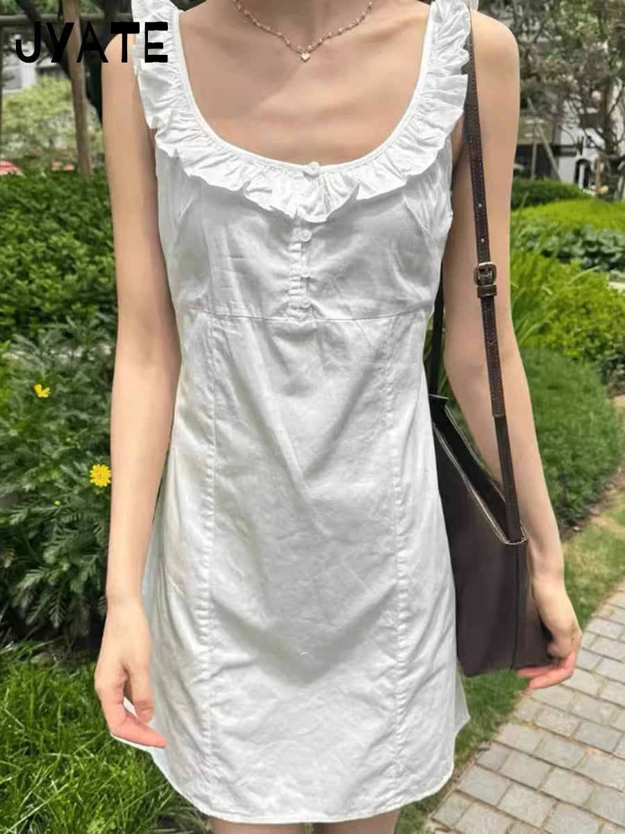 White Ruffled Neck Buttons Mini Dresses Women Summer New Back Lace-up Sleeveless Short Vestidos Sweet Preppy Style Chic Dresses