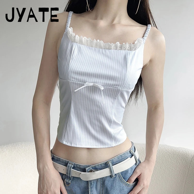 Fashion Blue Striped Square Collar Camisole Women New Slim Sexy Lace Trim Bow Sleeveless Vests Sweet Cute Vintage Tank Tops Y2K